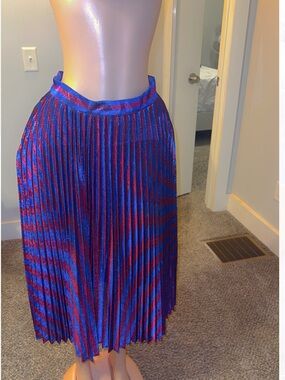 Pleated Metallic Blue and Red Midi Skirt